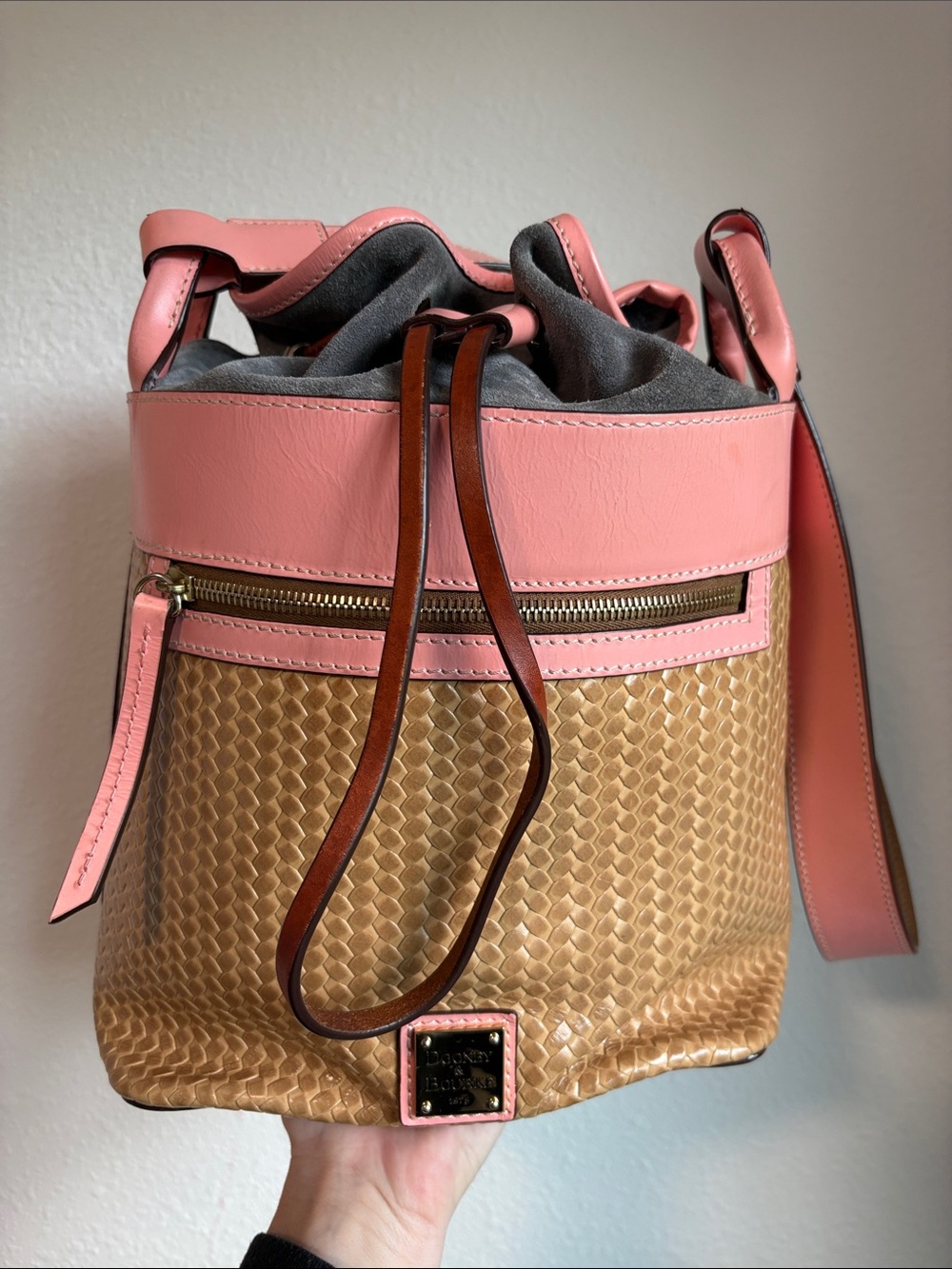 Dooney & Bourke Beacon Large Woven Drawstring Pink Leather Trim & Grey Suede